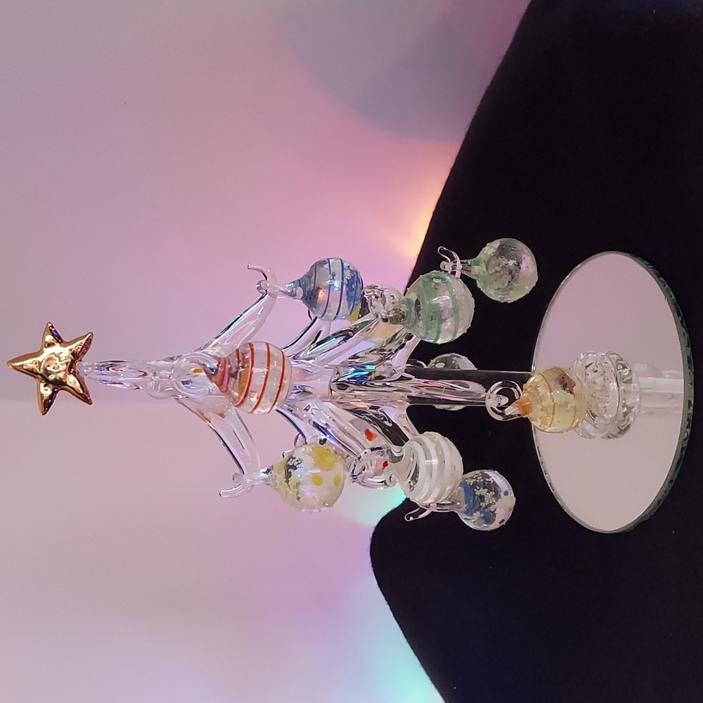 Vintage 7" Blown Glass Tree with 12 Art Glass Balls 1"L on 4" Mirror Base